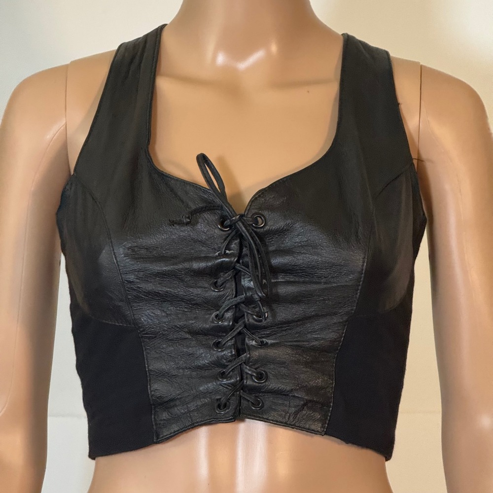 Wilsons Leather Vintage Lace Up Biker Crop Top Black Criss Cross Back Zipper S